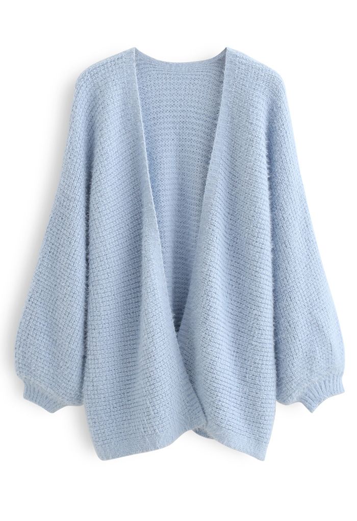 Fuzzy Open Front Waffle Knit Cardigan in Blue