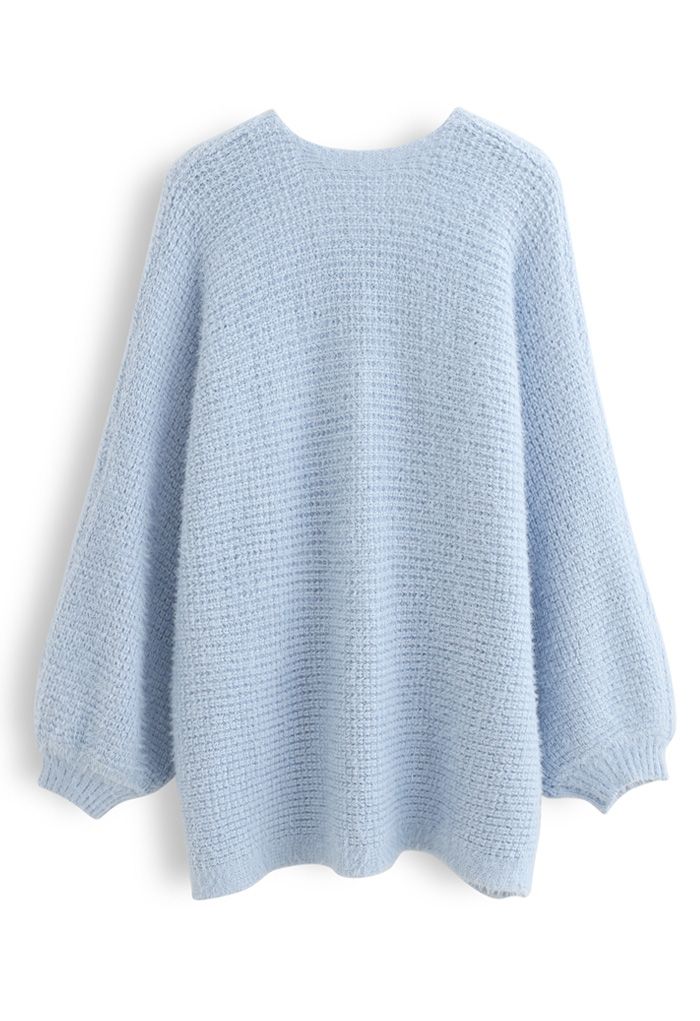 Fuzzy Open Front Waffle Knit Cardigan in Blue