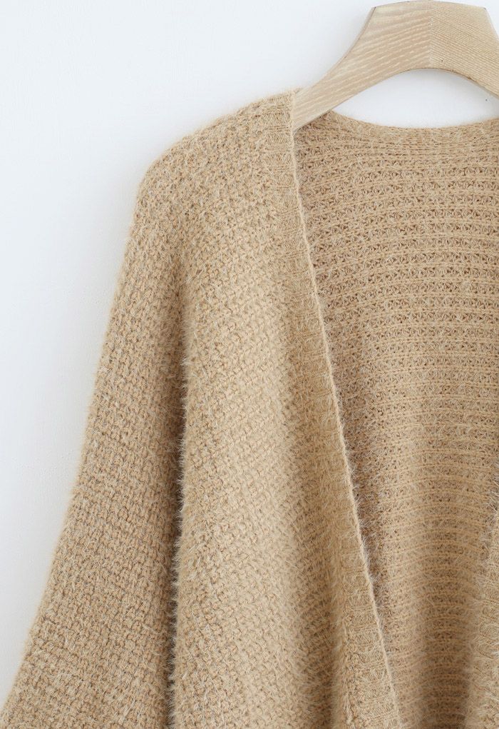 Fuzzy Open Front Waffle Knit Cardigan in Tan