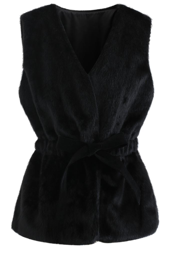 Bowknot Soft Faux Fur Vest in Black