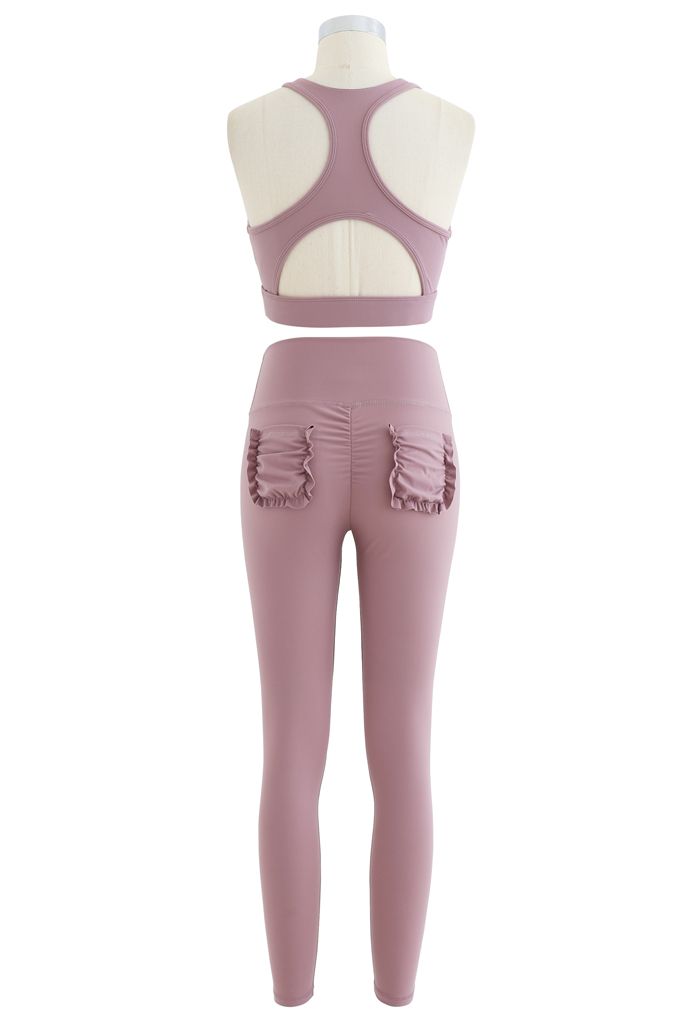 Lace-Up Front Sports Bra and Pockets Leggings Set in Purple