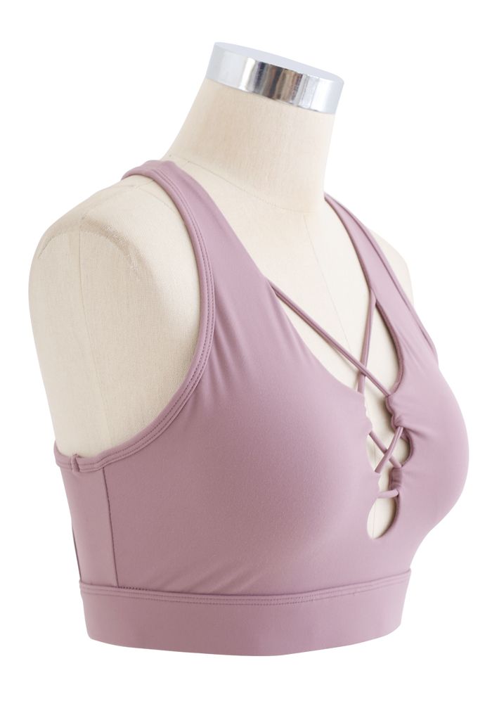 Lace-Up Front Sports Bra and Pockets Leggings Set in Purple