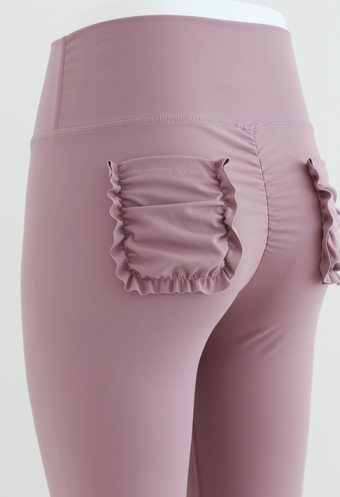 Lace-Up Front Sports Bra and Pockets Leggings Set in Purple