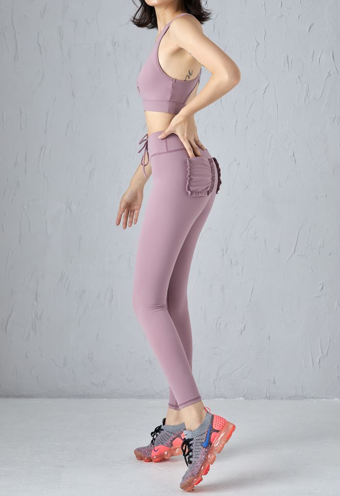 Lace-Up Front Sports Bra and Pockets Leggings Set in Purple