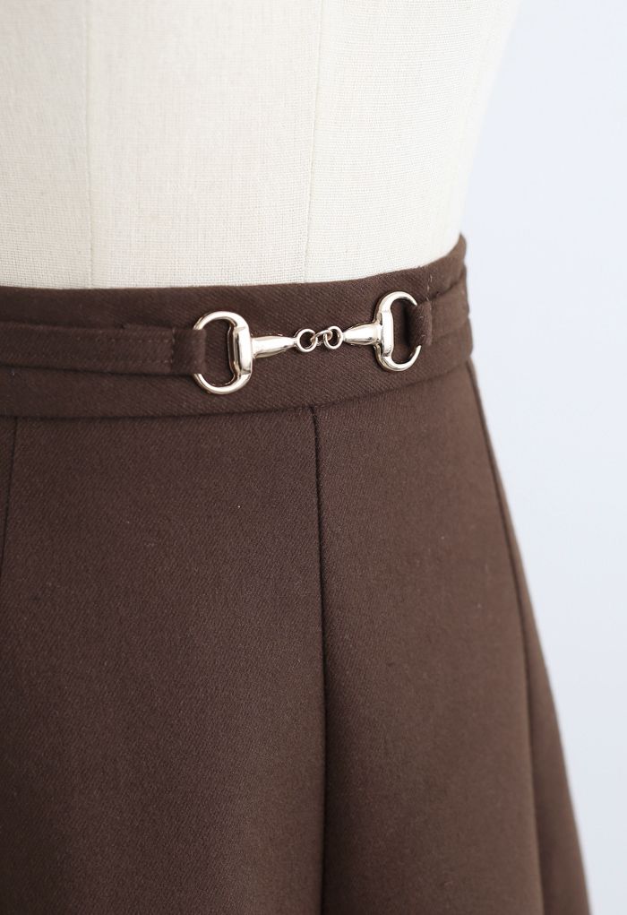 Horsebit Waist Seam Detail Flare Skirt in Brown
