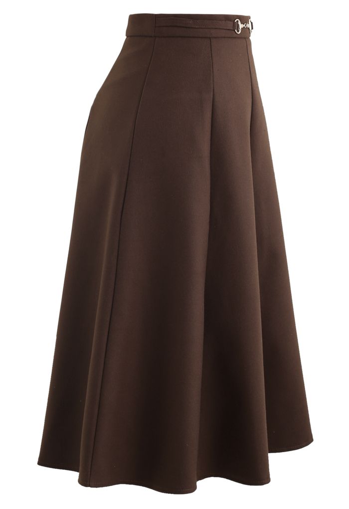Horsebit Waist Seam Detail Flare Skirt in Brown