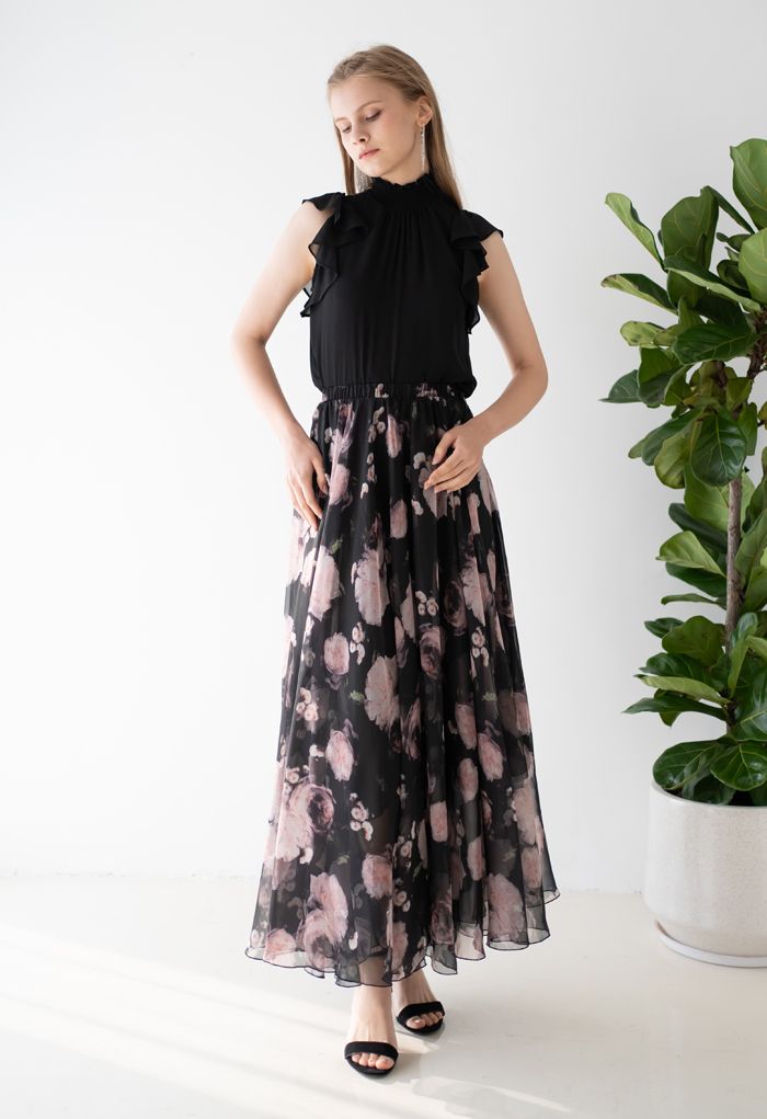 Pink Rose Watercolor Maxi Skirt