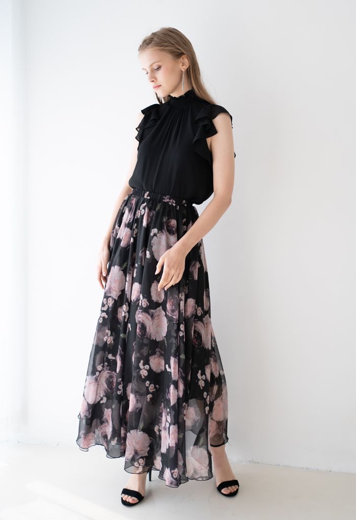 Pink Rose Watercolor Maxi Skirt