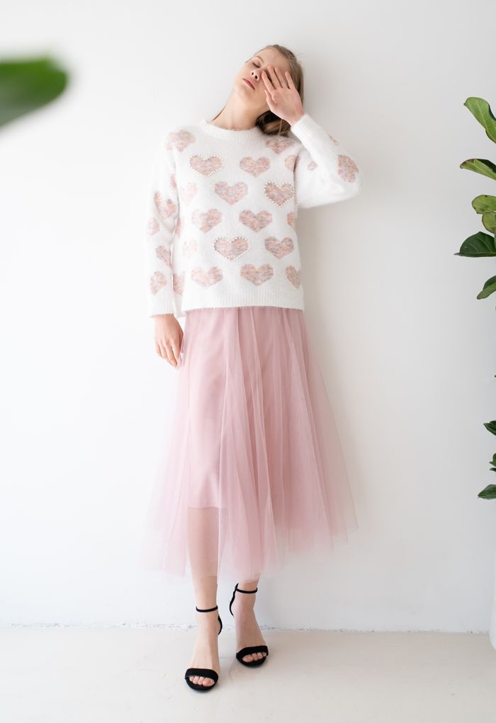 Fuzzy Pink Heart Pearl Trim Knit Sweater