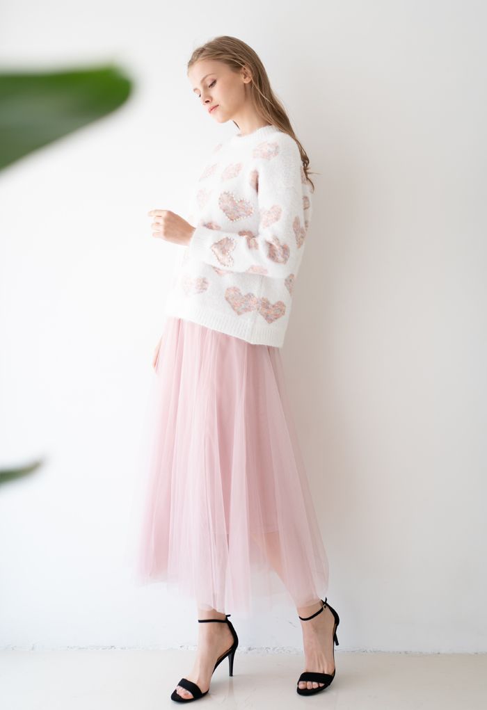 Fuzzy Pink Heart Pearl Trim Knit Sweater