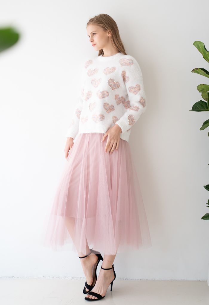 Fuzzy Pink Heart Pearl Trim Knit Sweater