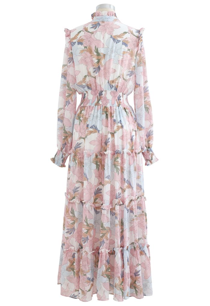 Pink Lily Blossom Chiffon Maxi Dress