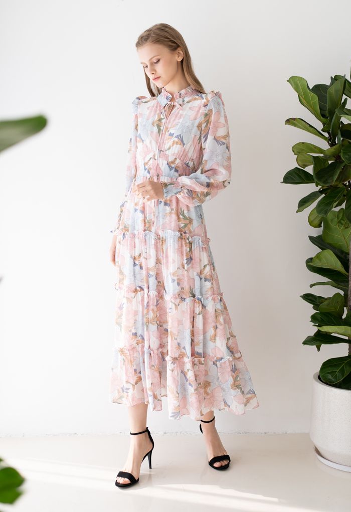 Pink Lily Blossom Chiffon Maxi Dress