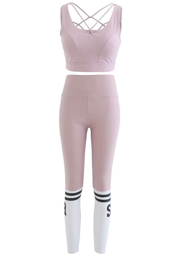 Lace-Up Back Sports Bra and Butt Lift Leggings Set in Pink