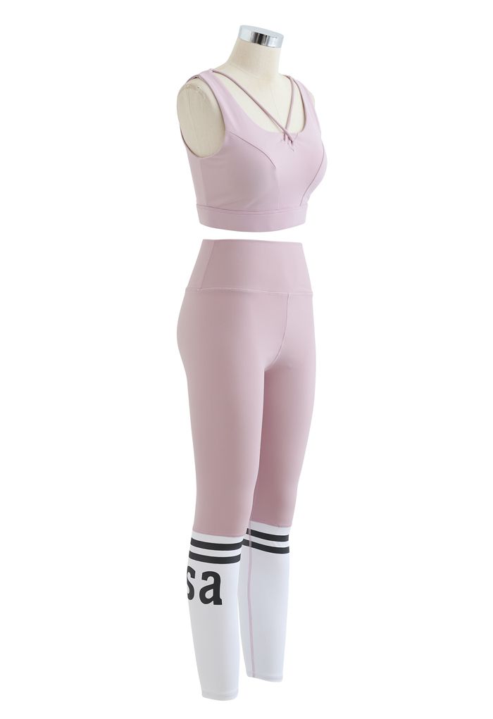Lace-Up Back Sports Bra and Butt Lift Leggings Set in Pink