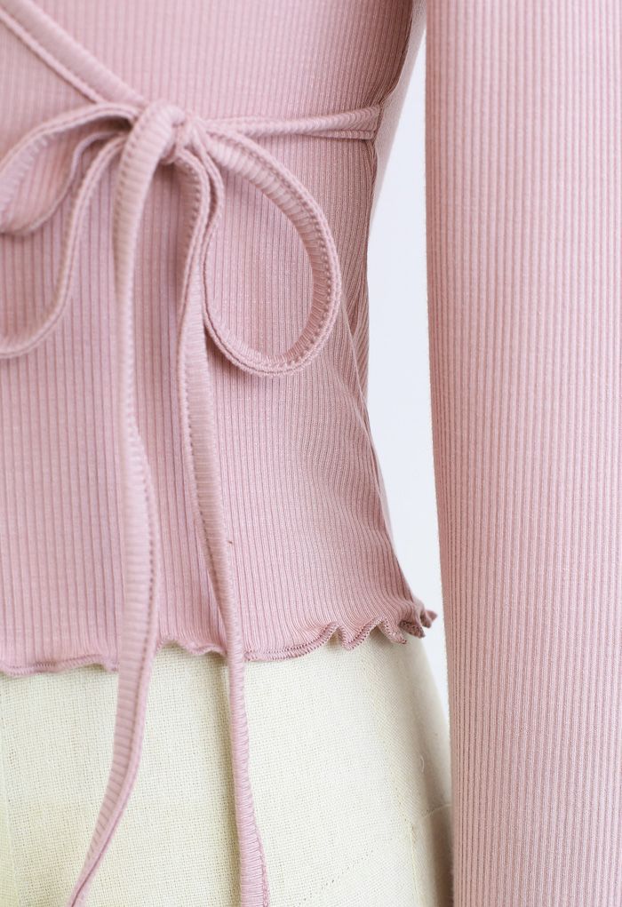 Lettuce Edge Cropped Wrap Top in Dusty Pink