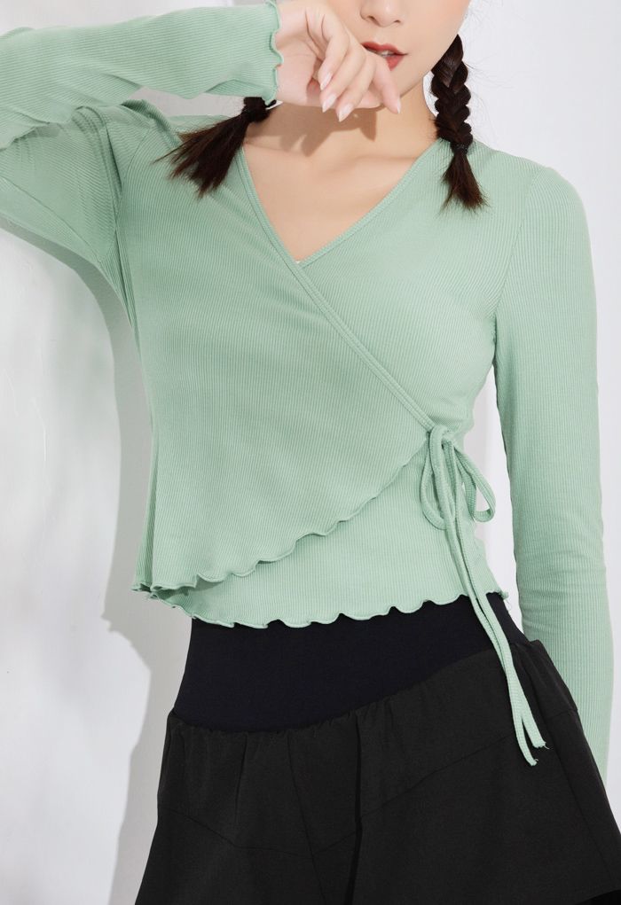 Lettuce Edge Cropped Wrap Top in Mint