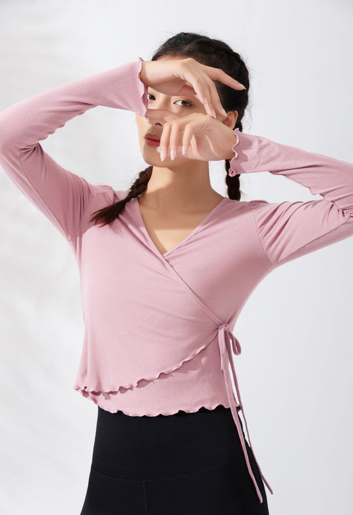 Lettuce Edge Cropped Wrap Top in Dusty Pink