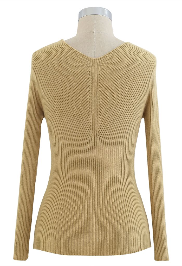 Seamless V-Neck Ribbed Knit Top in Camel