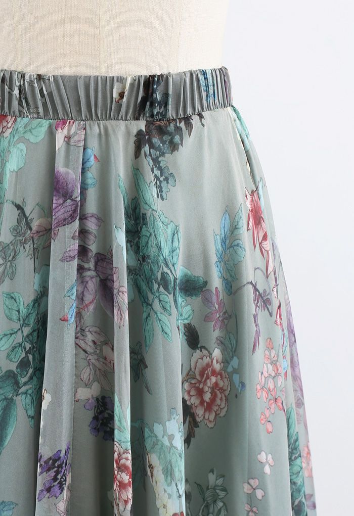Exuberant Floral Chiffon Maxi Skirt in Green