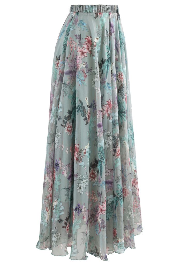 Exuberant Floral Chiffon Maxi Skirt in Green