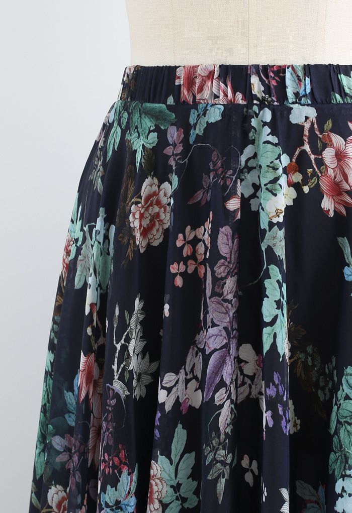 Exuberant Floral Chiffon Maxi Skirt in Navy