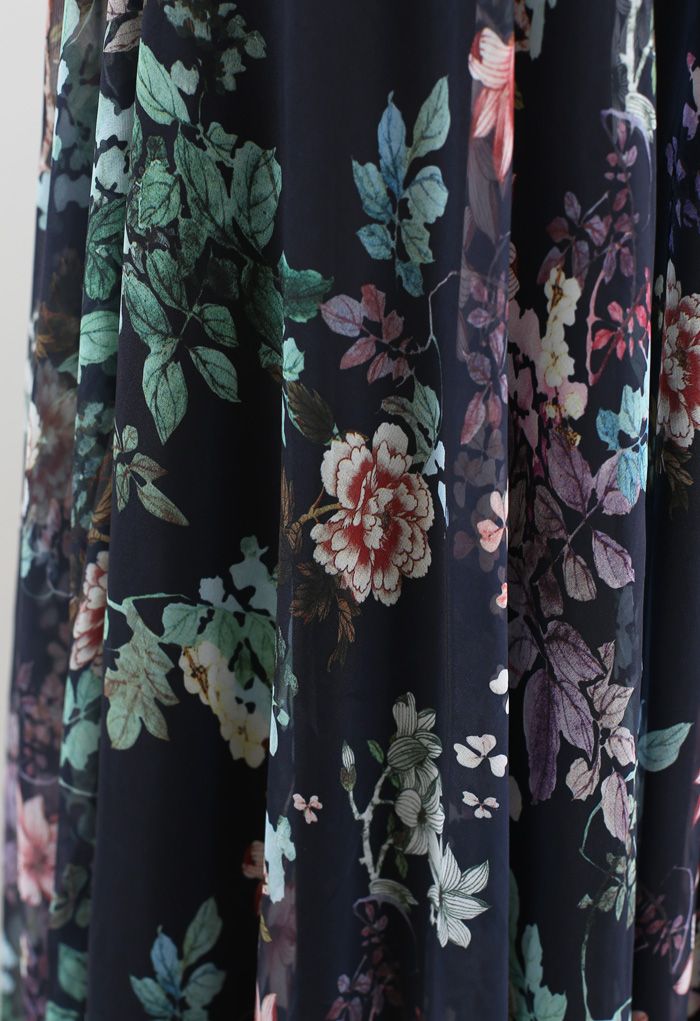 Exuberant Floral Chiffon Maxi Skirt in Navy