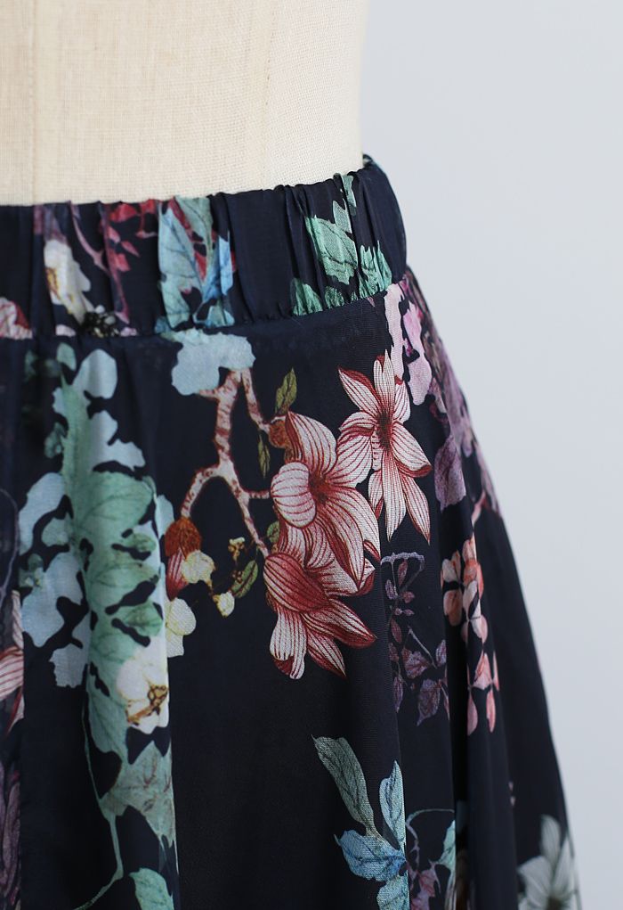 Exuberant Floral Chiffon Maxi Skirt in Navy