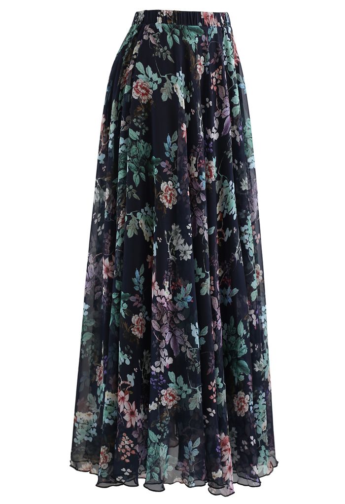 Exuberant Floral Chiffon Maxi Skirt in Navy