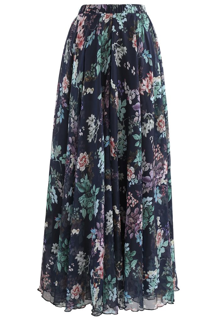 Exuberant Floral Chiffon Maxi Skirt in Navy