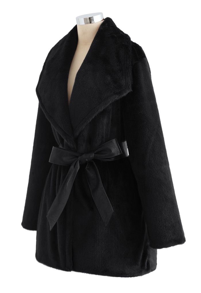 Faux Fur PU Leather Belted Coat in Black