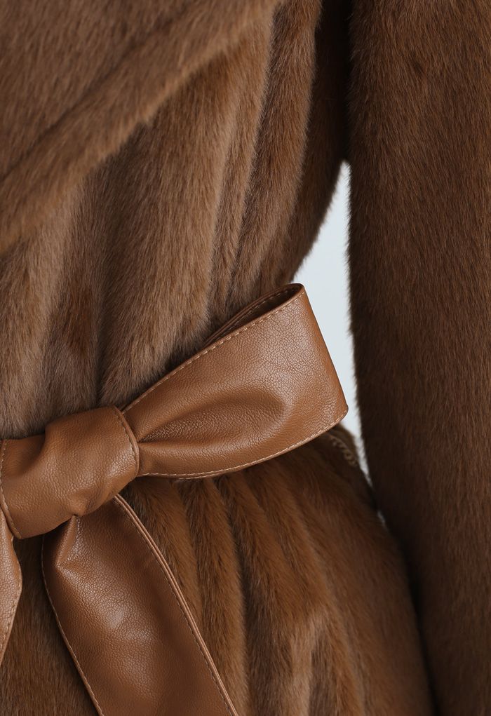 Faux Fur PU Leather Belted Coat in Brown