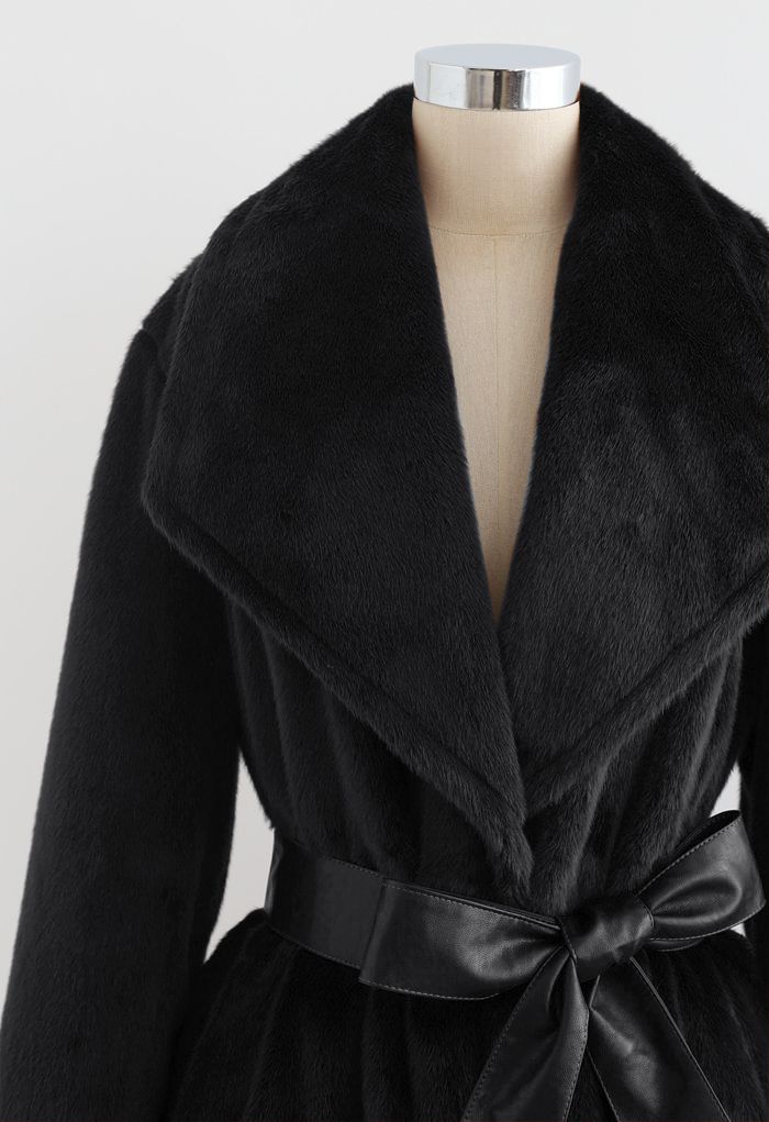 Faux Fur PU Leather Belted Coat in Black