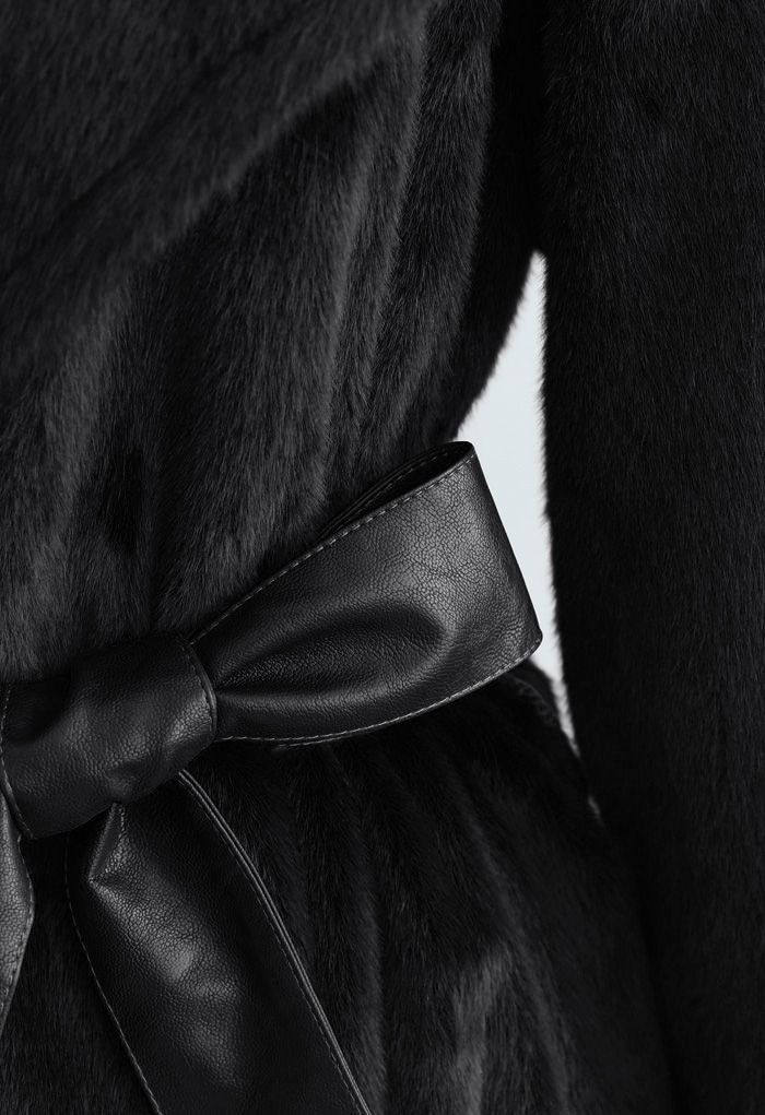 Faux Fur PU Leather Belted Coat in Black