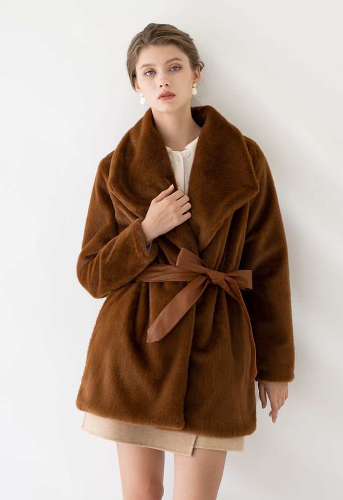 Faux Fur PU Leather Belted Coat in Brown