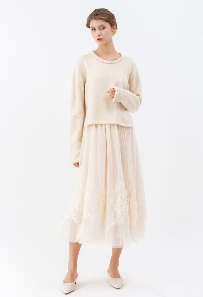 Tassel Lace Double-Layered Tulle Mesh Skirt in Cream