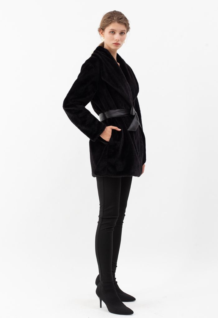 Faux Fur PU Leather Belted Coat in Black