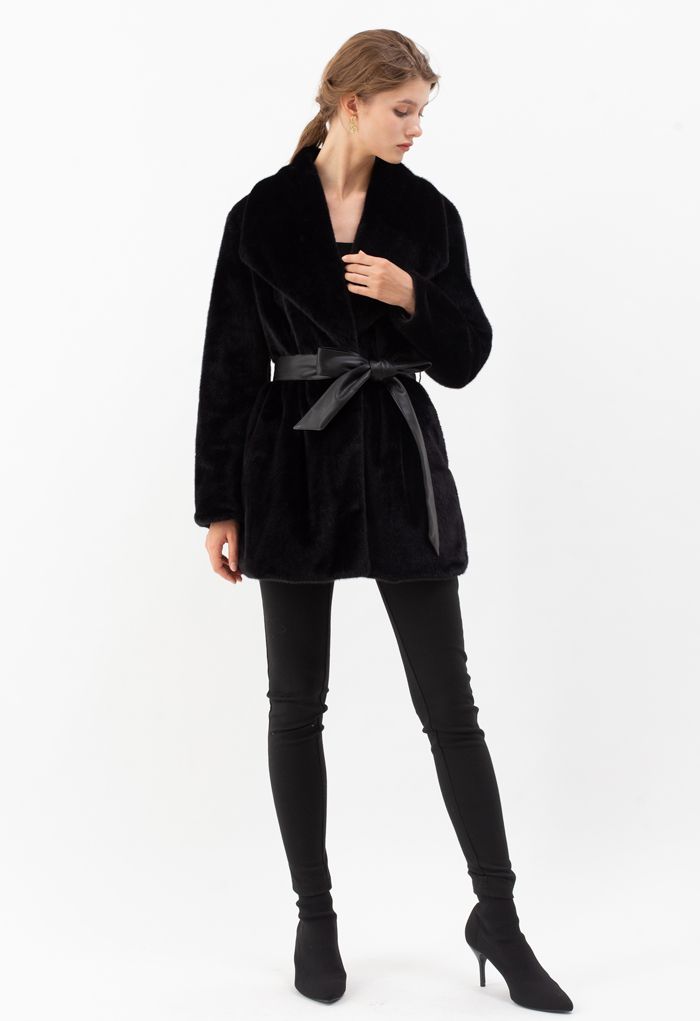 Faux Fur PU Leather Belted Coat in Black