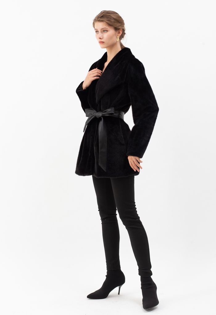Faux Fur PU Leather Belted Coat in Black