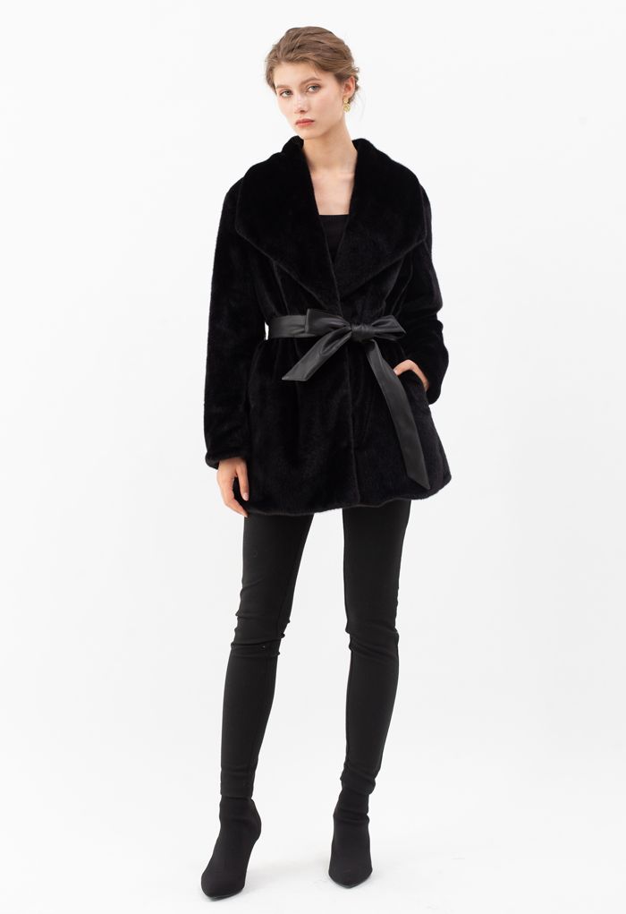 Faux Fur PU Leather Belted Coat in Black