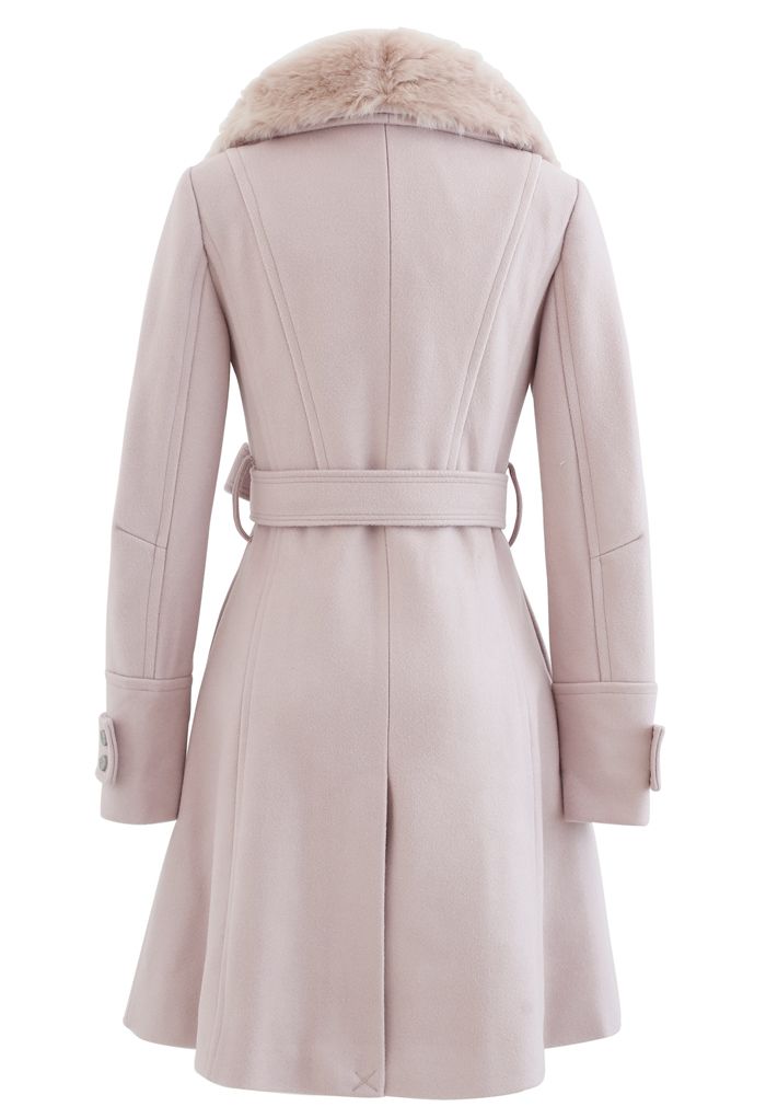Faux Fur Wide Lapel Wool-Blend Coat in Pink