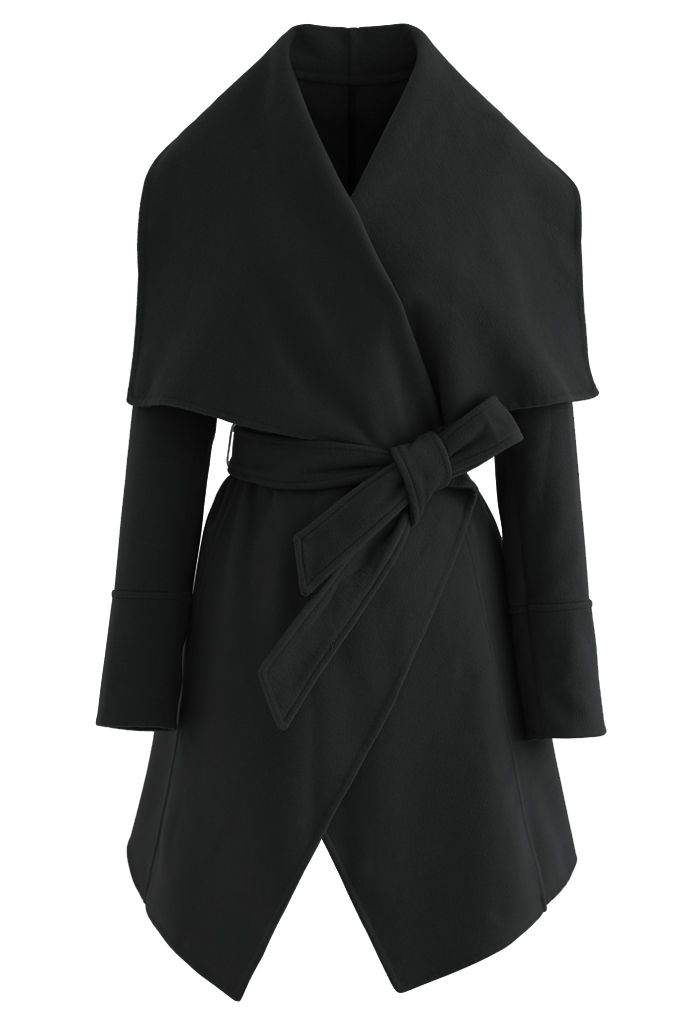 Wide Lapel Tie Belt Wrapped Wool-Blend Coat in Black