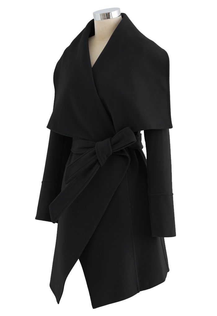 Wide Lapel Tie Belt Wrapped Wool-Blend Coat in Black