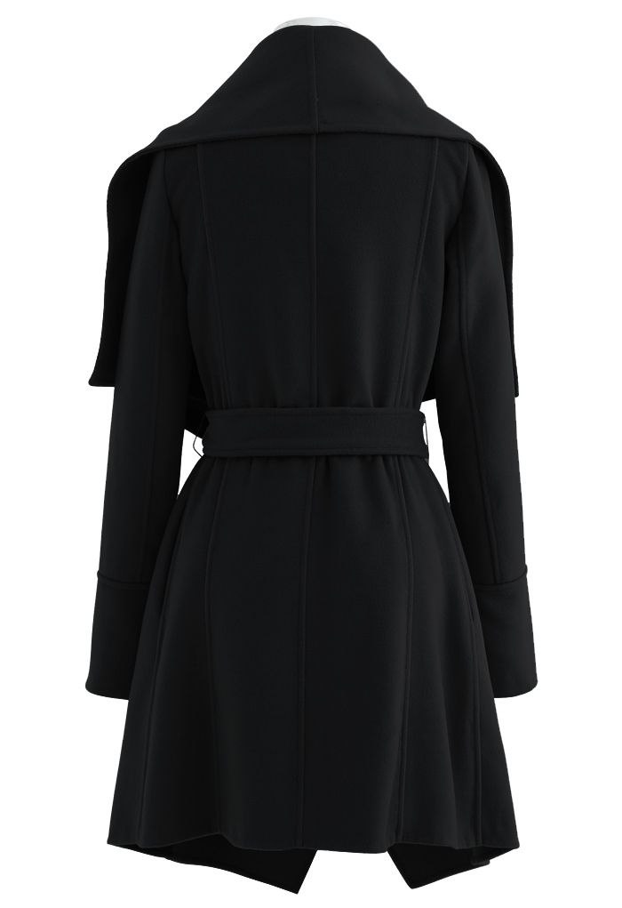 Wide Lapel Tie Belt Wrapped Wool-Blend Coat in Black