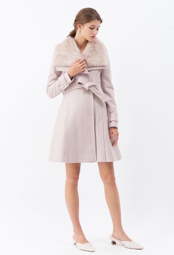 Faux Fur Wide Lapel Wool-Blend Coat in Pink