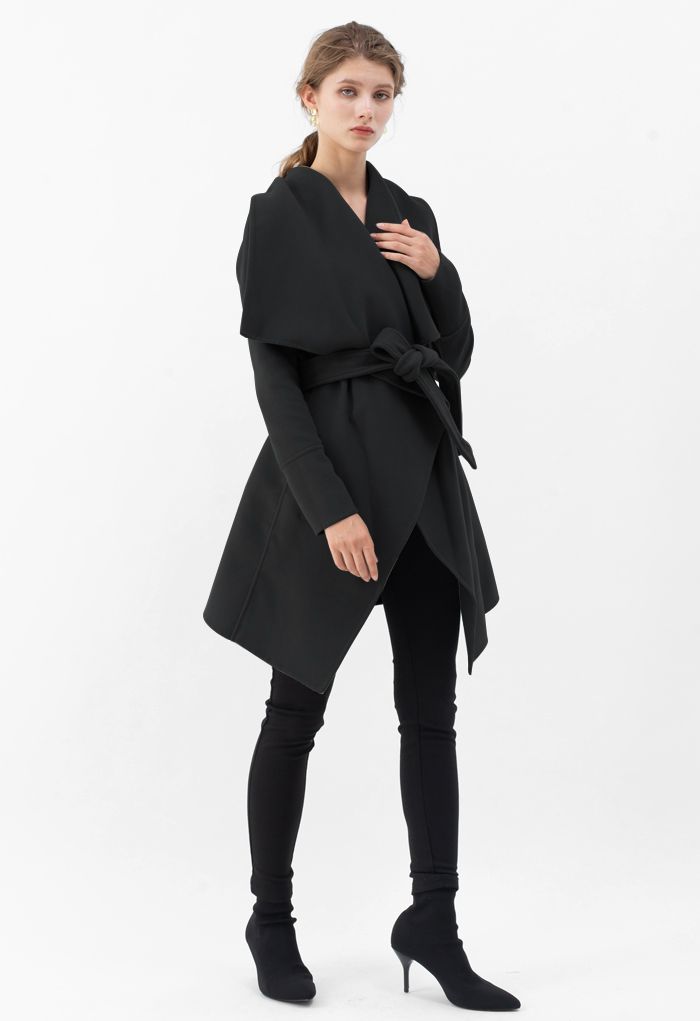 Wide Lapel Tie Belt Wrapped Wool-Blend Coat in Black