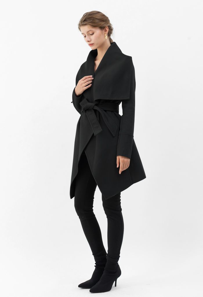 Wide Lapel Tie Belt Wrapped Wool-Blend Coat in Black