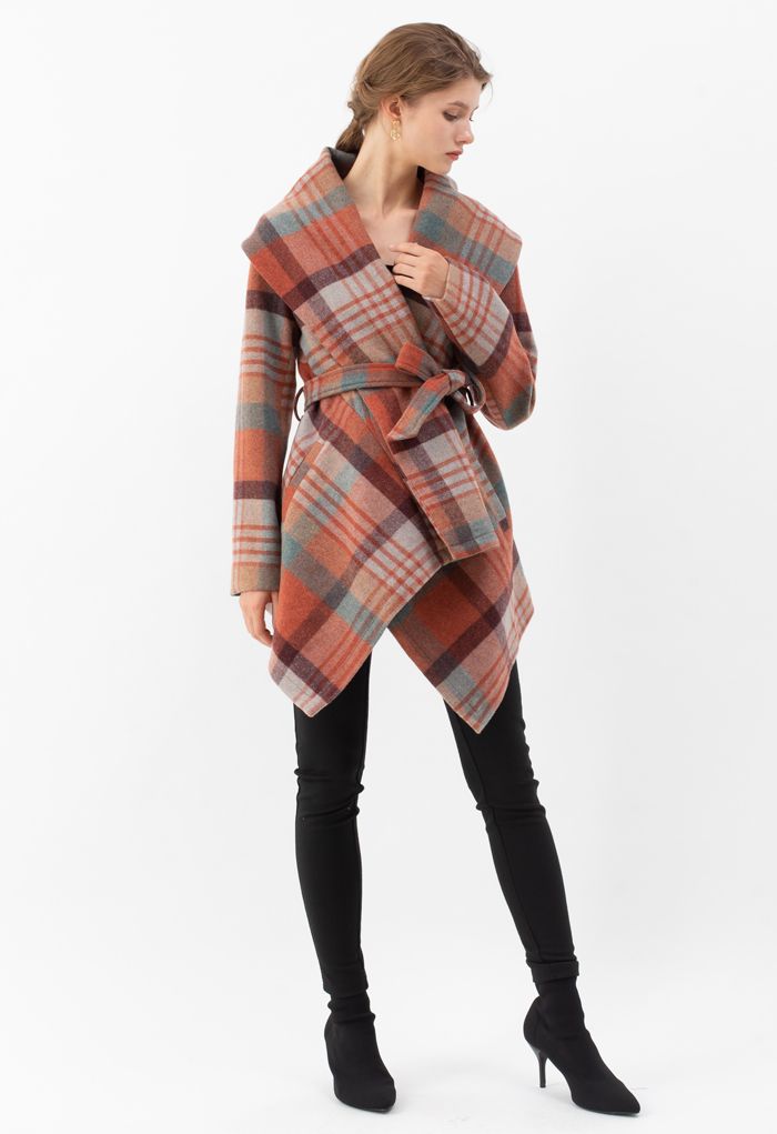 Plaid Pattern Rabato Coat in Coral