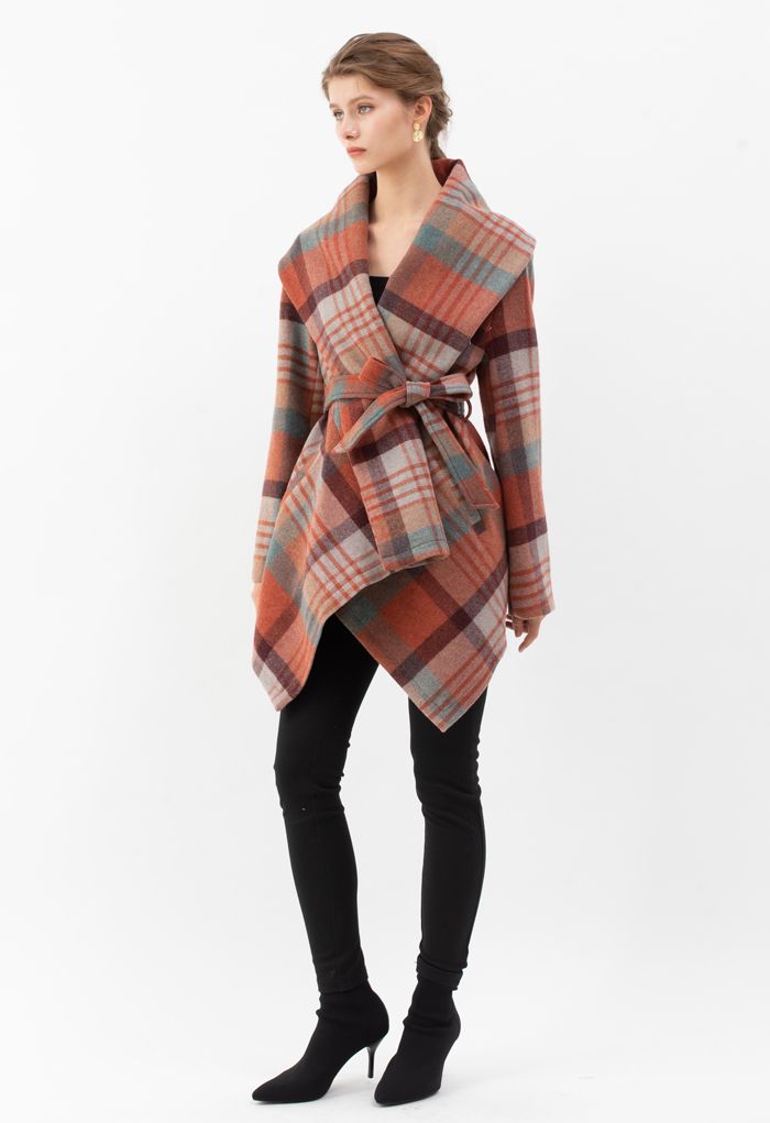 Plaid Pattern Rabato Coat in Coral