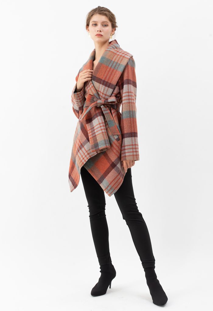 Plaid Pattern Rabato Coat in Coral